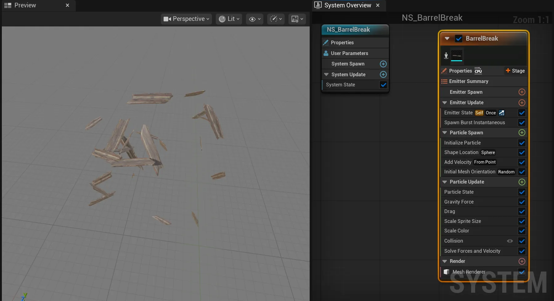 Screenshot of a barrel destruction VFX in Niagara preview